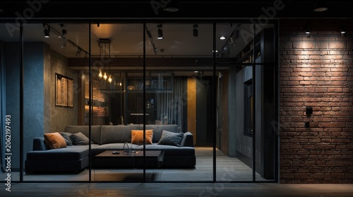 Modern interior living space featuring a sectional sofa viewed through large glass partitions at night
