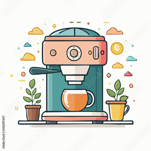 Cute Espresso Machine with Coffee Cup and Plants