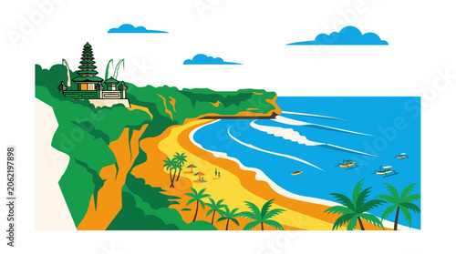 Photography Ancient Balinese temple on cliff overlooking tropical surfing beach