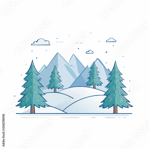 Winter Landscape with Snow-Covered Hills and Pine Trees