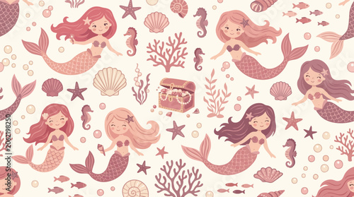 Cuadro en lienzo Charming Underwater Seamless Pattern with Adorable Mermaids, Seashells, and Cora