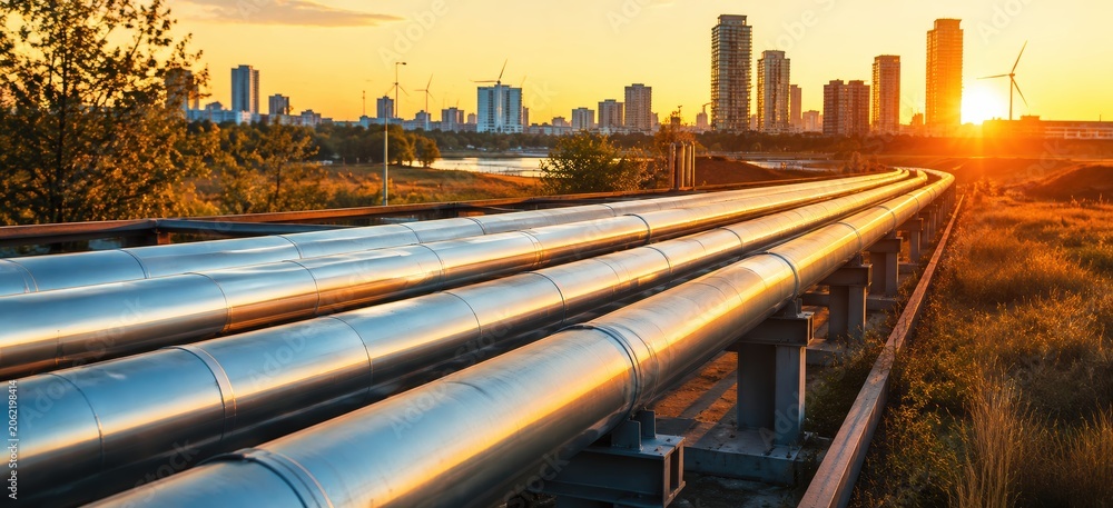 Fototapeta premium Modern Sustainable Energy Distribution Network with Eco-Friendly Utility Infrastructure at Sunset in Urban Landscape
