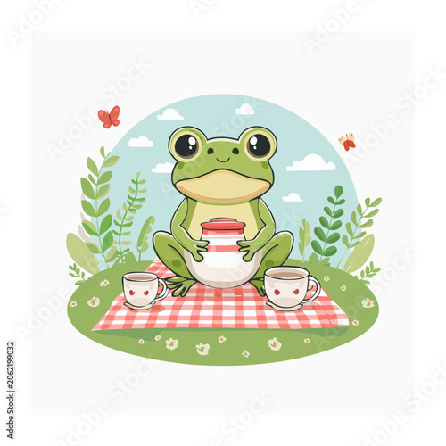 Cute cartoon frog holding coffee cup with strawberry