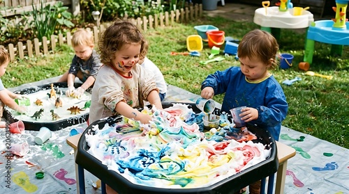 Toddlers enjoying outdoor sensory play with colorful foam and paint on a tuff tray in a garden.