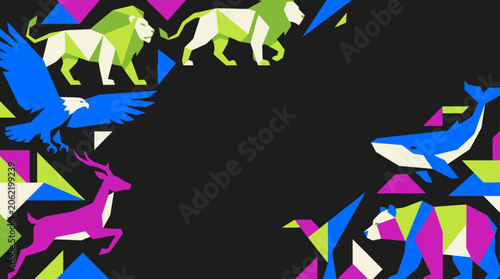 Photography Geometric animal collection with lions, eagle, deer, whale, and bear on dark bac