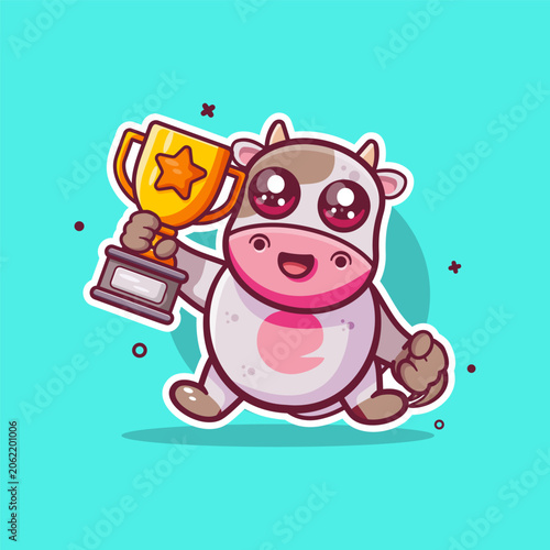 Cute cow cartoon character mascot holding a golden trophy. Farm animal champion, dairy victory and success concept illustration