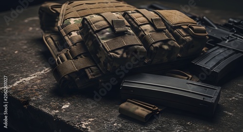 Military tactical plate carrier vest with ammunition pouches and rifle magazine on dark background