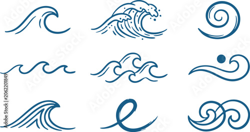 Wave And Spiral Patterns, Blue Vector Illustration On White Background