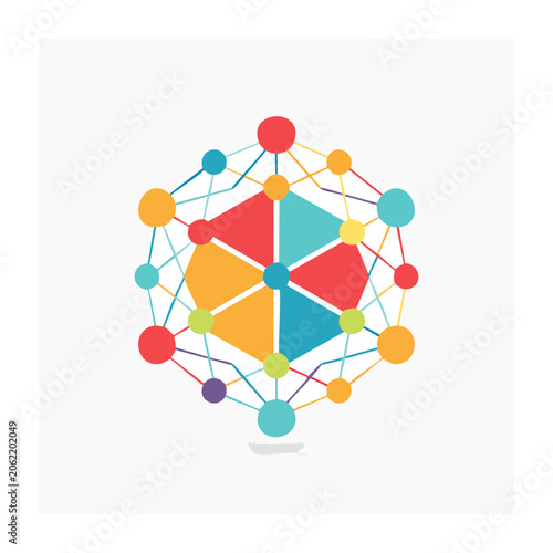 Flat design circular network diagram with colored nodes