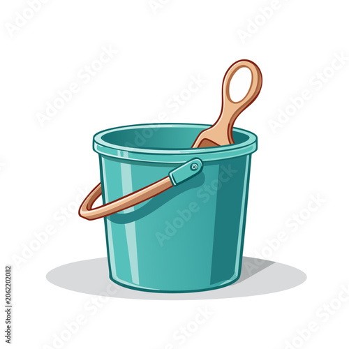 Cartoon illustration of a teal bucket and wooden shovel