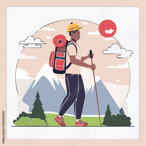 Hiker with Backpack and Trekking Pole in Mountain Landscape