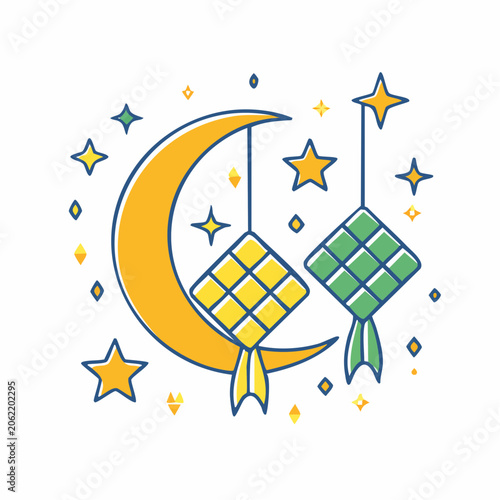 Islamic Crescent Moon with Ketupat and Stars Illustration