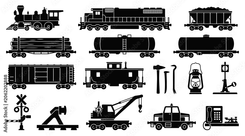 Obraz premium Black White Vector Icons of Train and Railway Transportation Objects