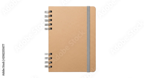 Brown kraft paper notebook with spiral binding and elastic isolated on transparent background