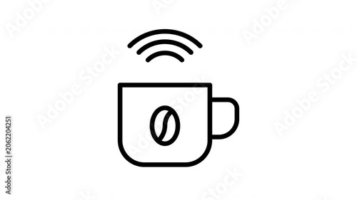 Coffee cup with wireless wifi signal line art animation for smart cafe lounge and remote work concept