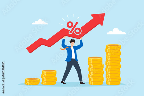 Fotografie Flat illustration of businessman lifting rising percentage arrow symbolizing int