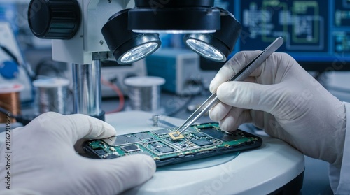 Professional technician carefully repairs a microchip on a smartphone circuit board under a microscope.