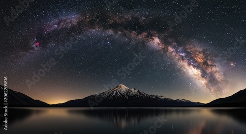 Milky Way Majesty: Snow-Capped Mountains Reflected in Still Lake Under Starry Night Sky