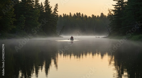 Misty Sunrise Canoe Trip Through a Serene Forest