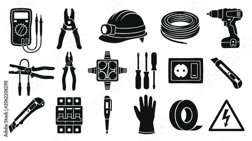 Electrical Tools, Equipment, and Safety Glyph Icons Set for Electrician and Engineering Work