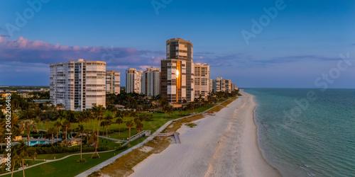 Aerial Dusk View of Luxury Beachfront Condos Naples Florida USA