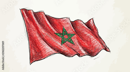 Quadro su tela The Moroccan flag waves in the air with a green star.