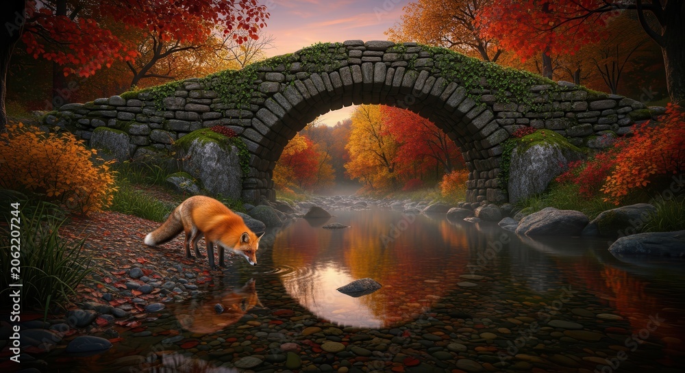 Fototapeta premium Majestic Red Fox Drinking Water by a Scenic Stone Arch Bridge in a Vibrant Autumn Woodland Landscape