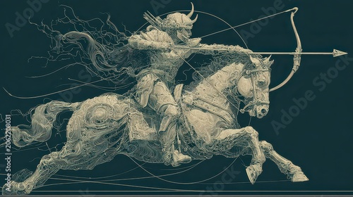 Dynamic Warrior Riding Horse with Bow and Arrow in Motion