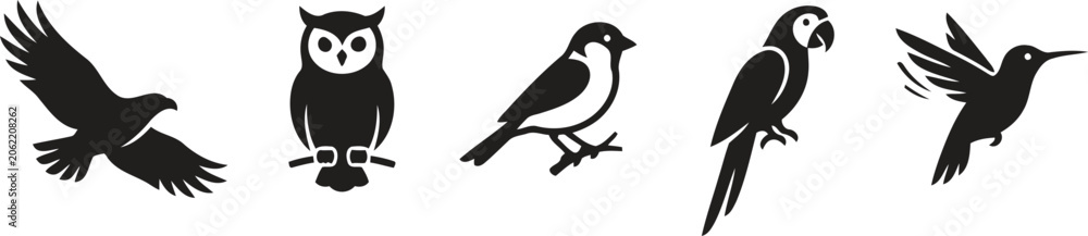 Obraz premium Set of bird silhouettes, including eagle, owl, sparrow, parrot, and hummingbird, vector illustrations for design and creative projects