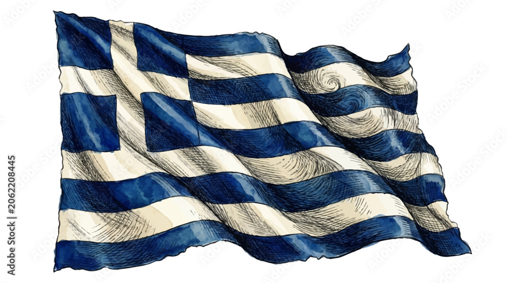 Obraz premium A waving blue and white striped flag with a blue square symbol flies high in the air outdoors.