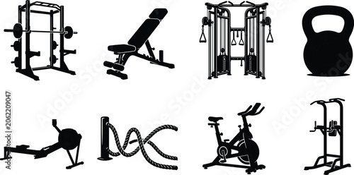 Photos Professional gym equipment icon set featuring weight bench squat rack kettlebell