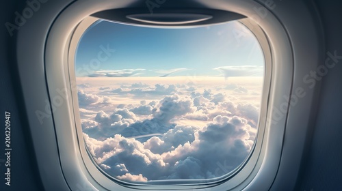 Above the clouds: Bright blue sky and white cumulus clouds seen from an airplane window during flight.
