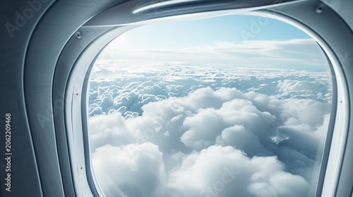 Aerial view of fluffy white clouds from airplane window, blue sky above