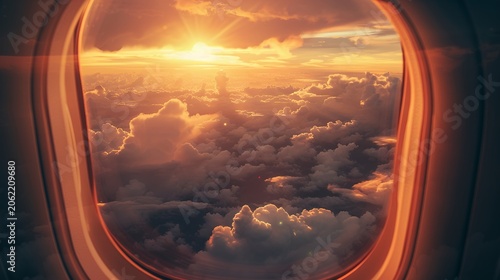 Golden Sunset Sky Over Clouds from Airplane Window View