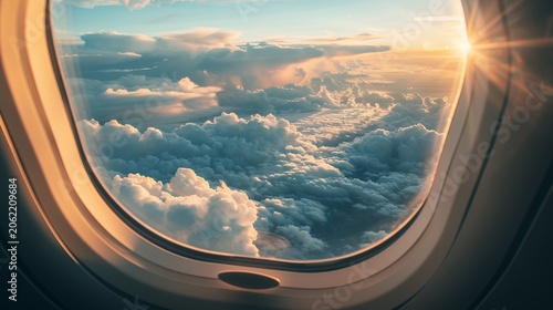 Golden Hour Flight: Breathtaking View of Sunlit Clouds from Airplane Window. Scenic Aerial Landscape and Travel.