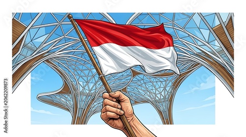 Hand holding the indonesian flag against modern architecture