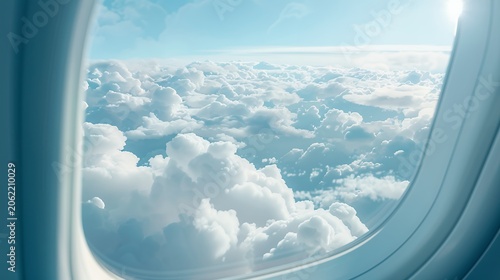 Breathtaking aerial view of fluffy white clouds from airplane window during flight, clear blue sky horizon