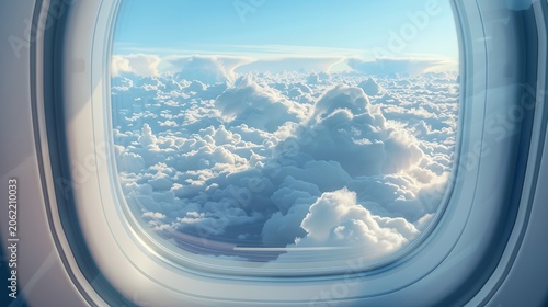 Breathtaking aerial view of fluffy white clouds and blue sky from an airplane window, serene flight above weather