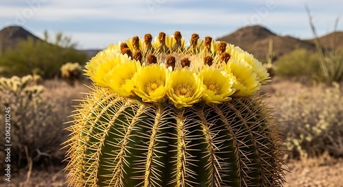 Blooming yellow flowers on a desert barrel cactus