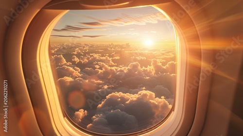 Golden sunset above clouds from airplane window during flight, stunning aerial view