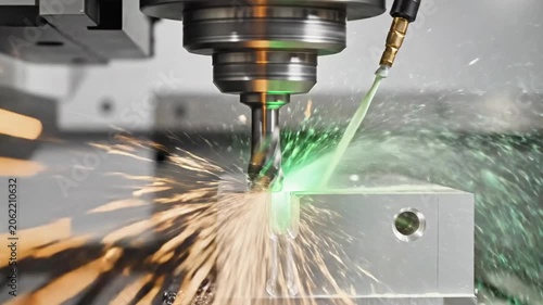 A close-up view of a machine cutting through a metal piece with sparks flying
