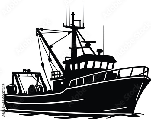 Konstfotografi Vector silhouette of a commercial fishing trawler boat on white background for n