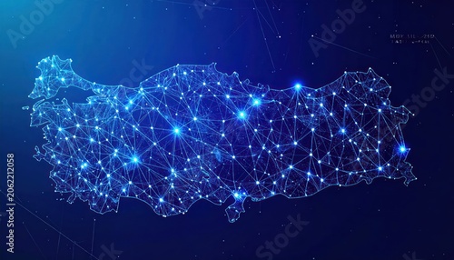 Glowing digital network map of Turkey on dark background
