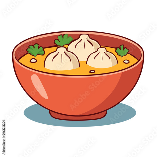 Illustration of dumplings in a red bowl with soup