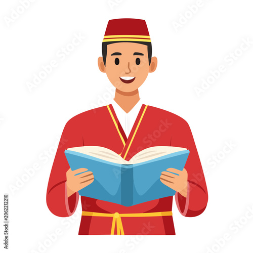 Man in traditional clothing reading a book