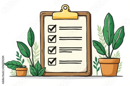 Checklist on clipboard with potted plants surrounding it, symbolizing organization and nature.