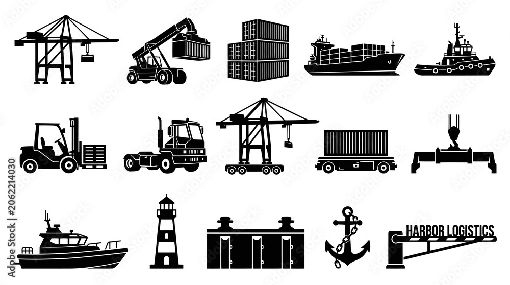Obraz premium Harbor Logistics Icons Set. Black White Port and Shipping Industry Glyph Symbols Collection.