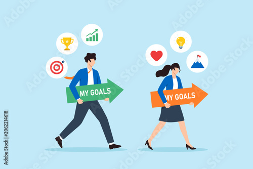 Foto Flat illustration of businessman and businesswoman walking with personal goal ar