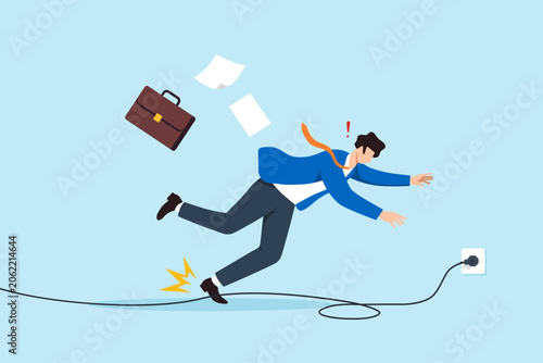 Фотография Flat illustration of clumsy businessman stumbling over power cable and falling f