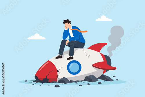 Canvastavla Flat illustration of depressed entrepreneur sitting on crashed rocket symbolizin